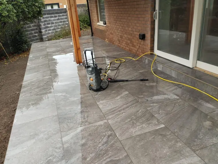 Porcelain patio, freshly washed down